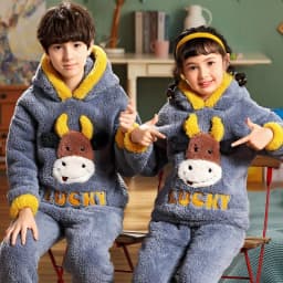 Winter Warm Teenage Pajamas Animal Cartoon Kids Pijamas Set Coral Fleece Plush Home Clothes Suit Hooded Flannel Boys Sleepwear