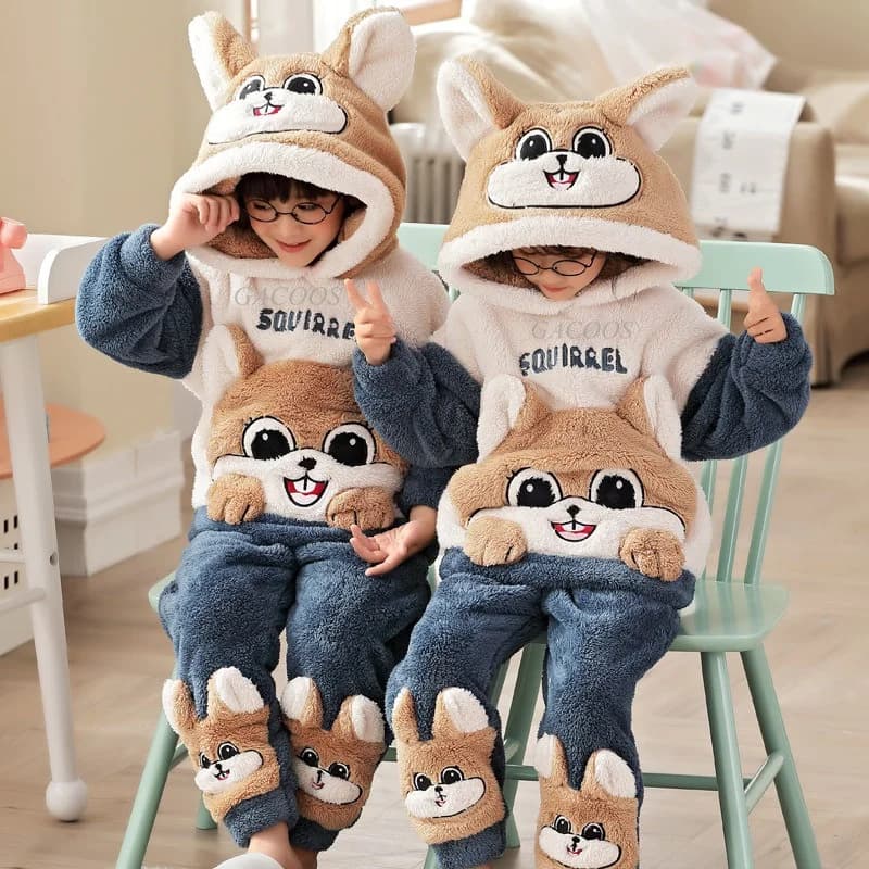 Winter Warm Teenage Pajamas Animal Cartoon Kids Pijamas Set Coral Fleece Plush Home Clothes Suit Hooded Flannel Boys Sleepwear