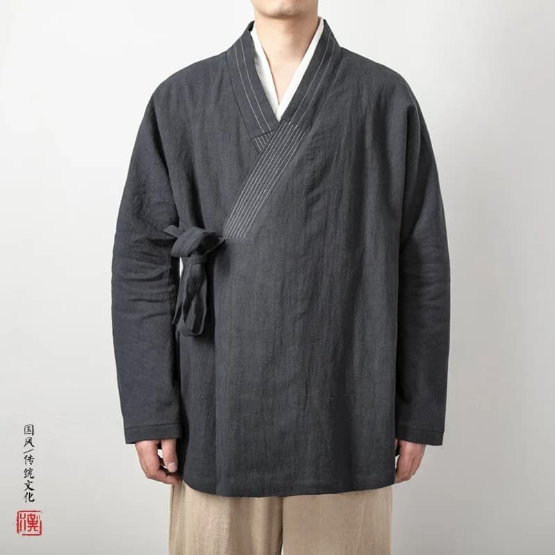 Men's Chinese Style Linen Cardigan Jacket Loose Black Kimono Jacket Solid Color Self-Tie Hanfu Traditional Clothing 4Xl