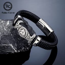 Vintage Handmade Norse Runes Valknut Bracelet Men Stainless Steel Vikings Celtic Knot Amulet Leather Bangle Scandinavian Jewelry