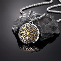 Never Fade Norse Compass Gold Color Necklace Men Vikings Runes Stainless Steel Trident Vegvisir Amulet Pendant Icelandic Jewelry