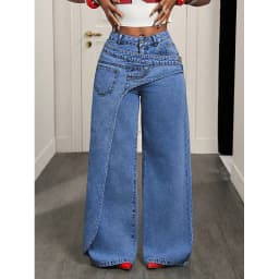 Benuynffy High Street Fashion 2 In 1 Mid Waisted Jeans Women's American Vintage Y2k Versatile Casual Loose Wide Leg Denim Pants