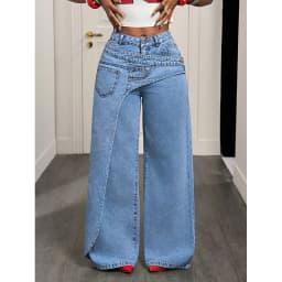 Benuynffy High Street Fashion 2 In 1 Mid Waisted Jeans Women's American Vintage Y2k Versatile Casual Loose Wide Leg Denim Pants