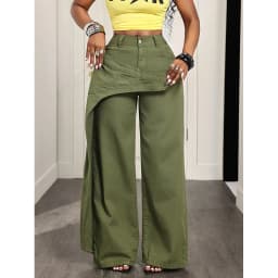 Benuynffy High Street Fashion 2 In 1 Mid Waisted Jeans Women's American Vintage Y2k Versatile Casual Loose Wide Leg Denim Pants