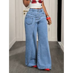 Benuynffy High Street Fashion 2 In 1 Mid Waisted Jeans Women's American Vintage Y2k Versatile Casual Loose Wide Leg Denim Pants