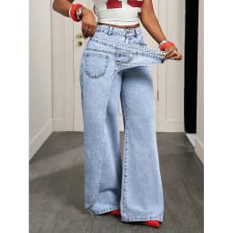 Benuynffy High Street Fashion 2 In 1 Mid Waisted Jeans Women's American Vintage Y2k Versatile Casual Loose Wide Leg Denim Pants