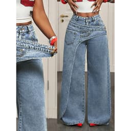 Benuynffy High Street Fashion 2 In 1 Mid Waisted Jeans Women's American Vintage Y2k Versatile Casual Loose Wide Leg Denim Pants