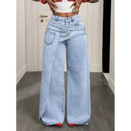 Benuynffy High Street Fashion 2 In 1 Mid Waisted Jeans Women's American Vintage Y2k Versatile Casual Loose Wide Leg Denim Pants