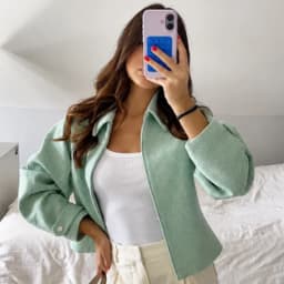 HXAO Cropped Tweed Jacket Women's Jacket Demi-Season 2026 Zip-Up Long Sleeve Top Mint Green Textured Outerwear Streetwear Coats