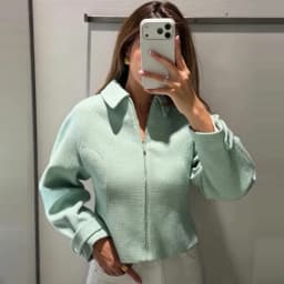 HXAO Cropped Tweed Jacket Women's Jacket Demi-Season 2026 Zip-Up Long Sleeve Top Mint Green Textured Outerwear Streetwear Coats
