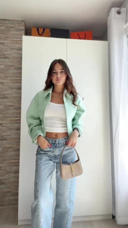 HXAO Cropped Tweed Jacket Women's Jacket Demi-Season 2026 Zip-Up Long Sleeve Top Mint Green Textured Outerwear Streetwear Coats