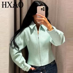 HXAO Cropped Tweed Jacket Women's Jacket Demi-Season 2026 Zip-Up Long Sleeve Top Mint Green Textured Outerwear Streetwear Coats