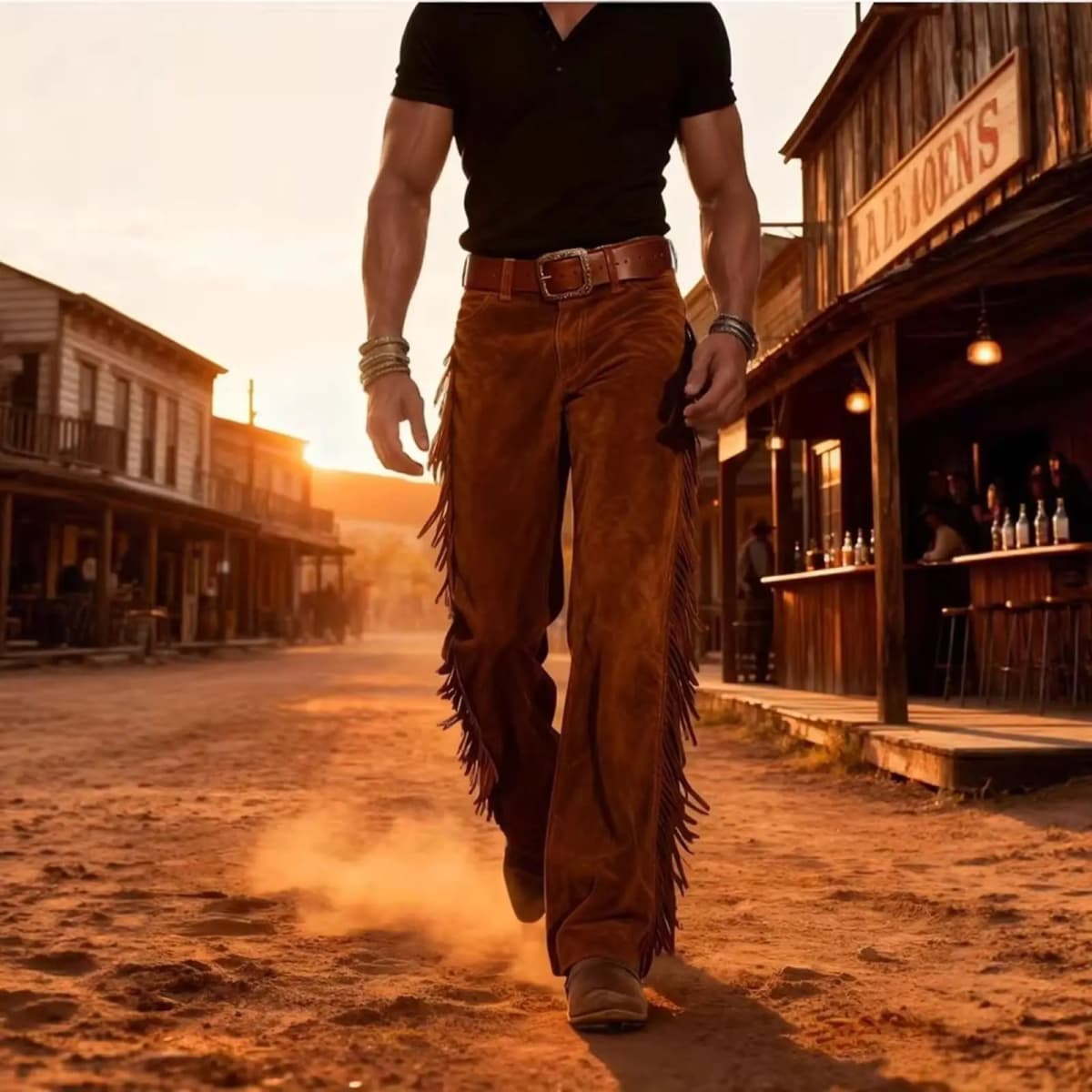 Men's Cowboy Fringe Bell Bottom Pants Faux Suede Leather Regular Fit High Waist Retro Buckled Pants Hippie Disco Cosplay Pants