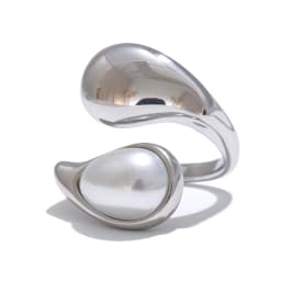 Yhpup Fashion Imitation Pearl Water Drop Finger Ring Women 316L Stainless Steel Elegant Gold Platinum Plated Jewelry