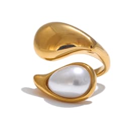 Yhpup Fashion Imitation Pearl Water Drop Finger Ring Women 316L Stainless Steel Elegant Gold Platinum Plated Jewelry