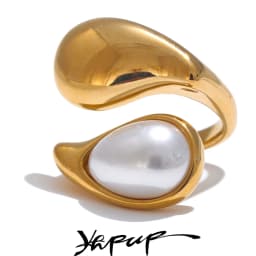 Yhpup Fashion Imitation Pearl Water Drop Finger Ring Women 316L Stainless Steel Elegant Gold Platinum Plated Jewelry