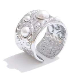 Yhpup Simulated Pearls Hammer Metal Fashion Cuff Bracelet Bangle Waterproof Texture Stainless Steel Statement Open Wrist Jewelry