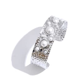 Yhpup Simulated Pearls Hammer Metal Fashion Cuff Bracelet Bangle Waterproof Texture Stainless Steel Statement Open Wrist Jewelry