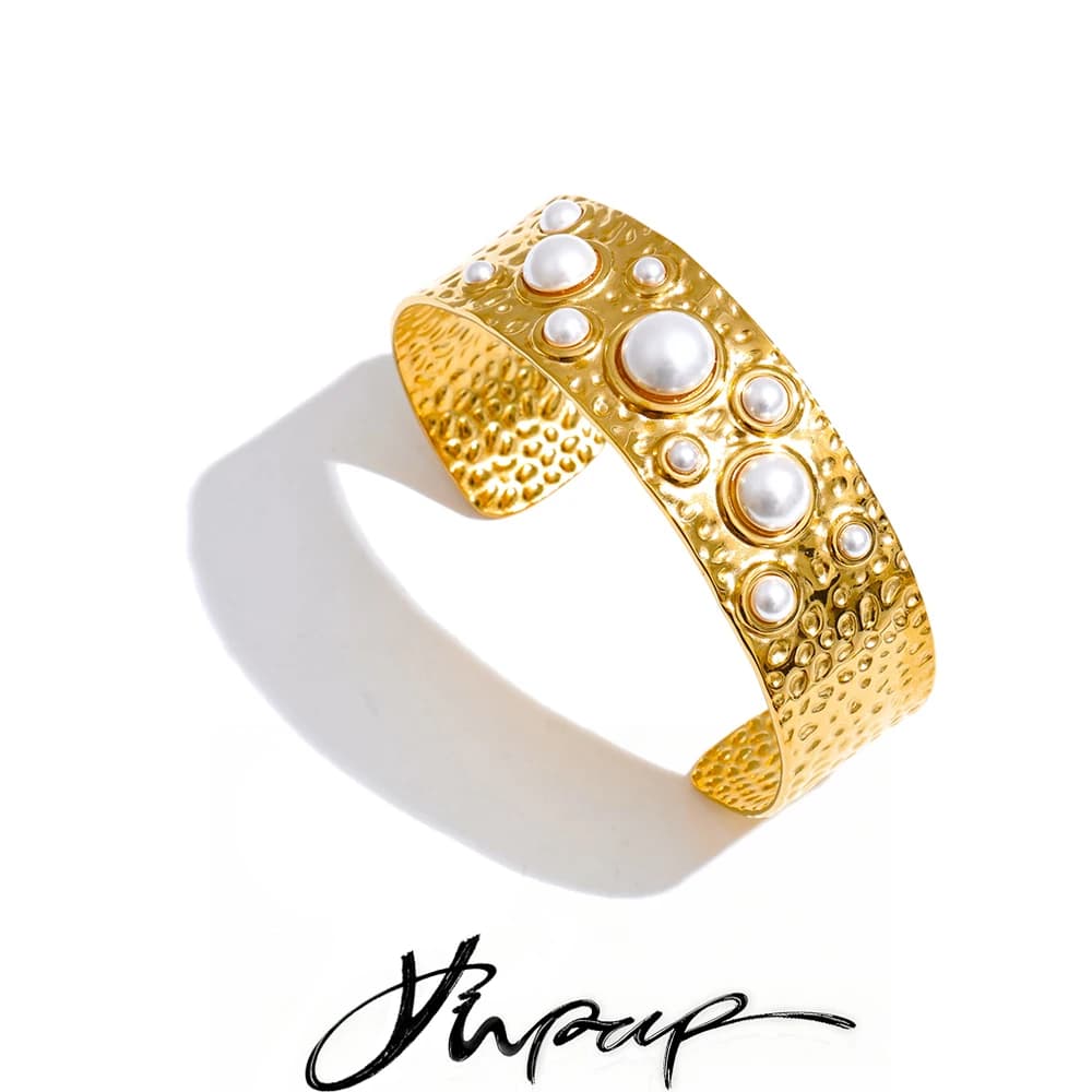 Yhpup Simulated Pearls Hammer Metal Fashion Cuff Bracelet Bangle Waterproof Texture Stainless Steel Statement Open Wrist Jewelry
