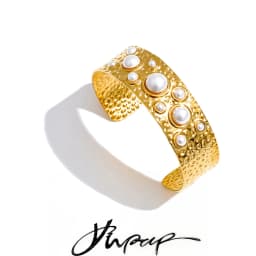 Yhpup Simulated Pearls Hammer Metal Fashion Cuff Bracelet Bangle Waterproof Texture Stainless Steel Statement Open Wrist Jewelry
