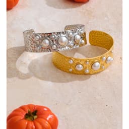 Yhpup Simulated Pearls Hammer Metal Fashion Cuff Bracelet Bangle Waterproof Texture Stainless Steel Statement Open Wrist Jewelry