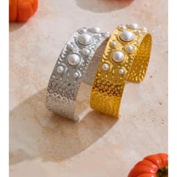 Yhpup Simulated Pearls Hammer Metal Fashion Cuff Bracelet Bangle Waterproof Texture Stainless Steel Statement Open Wrist Jewelry