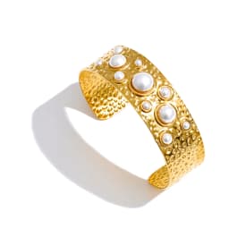 Yhpup Simulated Pearls Hammer Metal Fashion Cuff Bracelet Bangle Waterproof Texture Stainless Steel Statement Open Wrist Jewelry