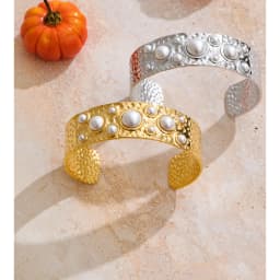 Yhpup Simulated Pearls Hammer Metal Fashion Cuff Bracelet Bangle Waterproof Texture Stainless Steel Statement Open Wrist Jewelry