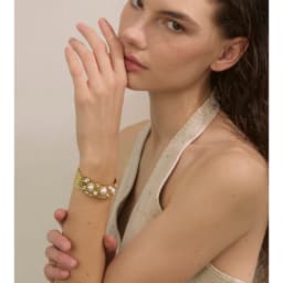 Yhpup Simulated Pearls Hammer Metal Fashion Cuff Bracelet Bangle Waterproof Texture Stainless Steel Statement Open Wrist Jewelry