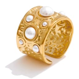 Yhpup Simulated Pearls Hammer Metal Fashion Cuff Bracelet Bangle Waterproof Texture Stainless Steel Statement Open Wrist Jewelry