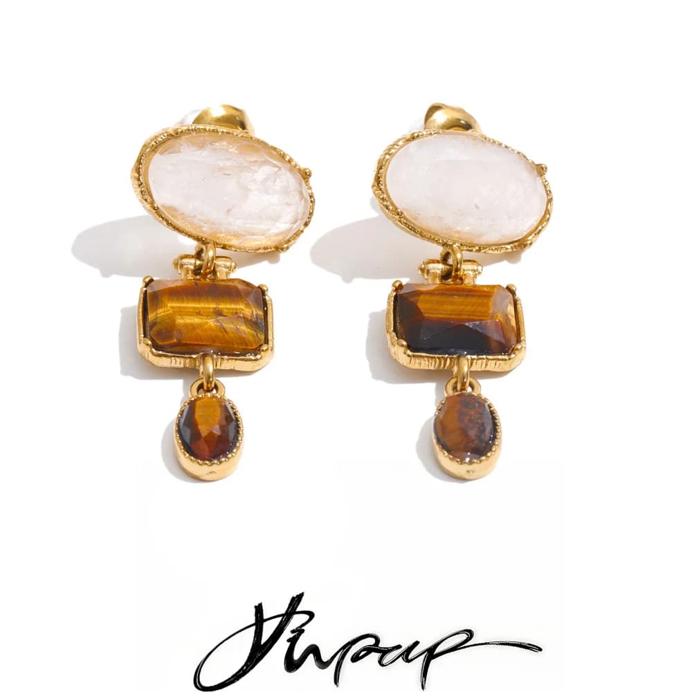 Yhpup New Natural Tiger Rhodochrosite Stone Oval Rectangle Drop Earrings Hypoallergenic Stainless Steel Charm Jewelry