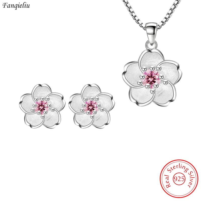 Real 925 Sterling Silver Crystal Flower Pendant Necklace Stud Earrings Jewelry Sets For Women Vintage New FQL23079