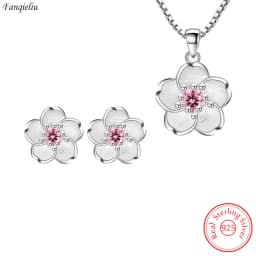 Real 925 Sterling Silver Crystal Flower Pendant Necklace Stud Earrings Jewelry Sets For Women Vintage New FQL23079