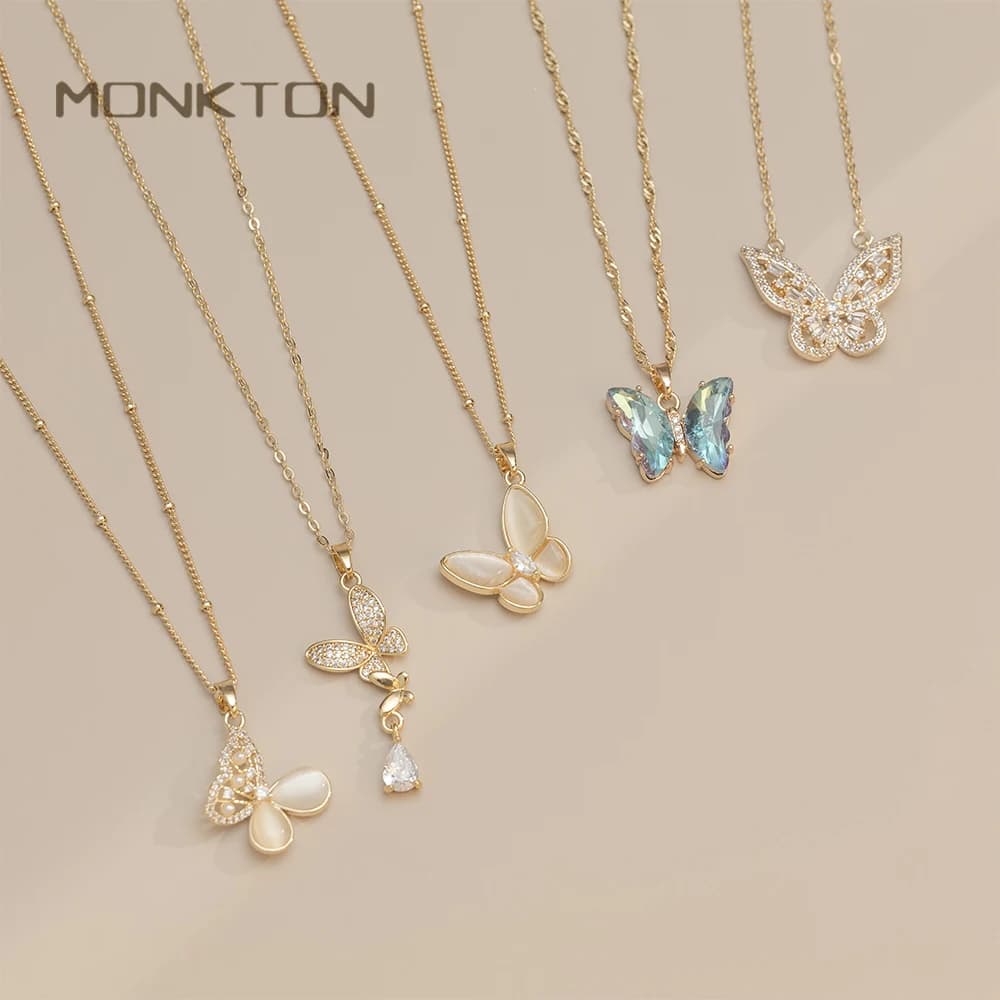 Monkton Fashion Butterfly Necklaces for Women Gold Plated Clavicle Chain with Crystal/Mother-of-Pearl Pendant Charm Accessories