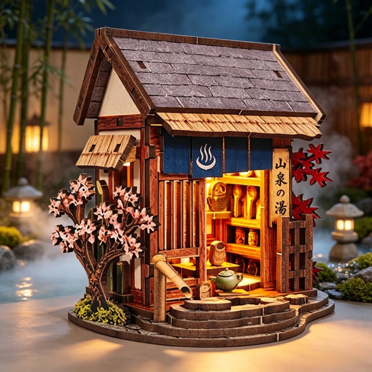 DIY Wooden Mountain Onsen Lodge Cottage Figurines Miniatures Kits Assembled Casa for Friends Birthday Gifts Home Decor Crafts