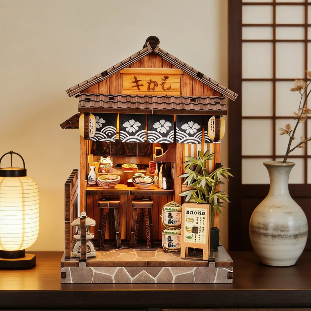 Book Nook Kit DIY Doll House with LED Light Bookshelf Insert Amazing Gift for Friend Ramen Shop Japanese Style