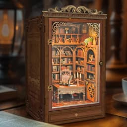 DIY Book Nook Shelf Insert Time Book House Bookend Wooden Miniature Model Kit with Lights Bookshelf for Friends Birthday Gifts