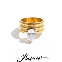 Yhpup Stainless Steel Layered Zircon Teardrop Cast Ring High Quality Shiny Aesthetic Premium Jewelry Accessories