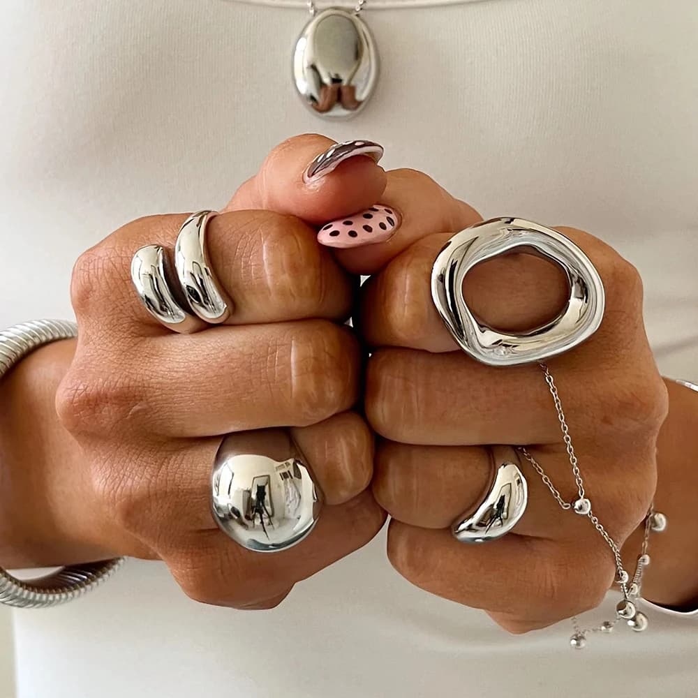 Uworld Minimalist Stainless Steel Smooth Asymmetric Ring Oval Hollow Stackable Ring Large Spherical Ring Women's Jewelry