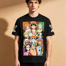 Men's One Piece Straw Hat Pirates Crew Front Back Matching T-Shirt, Anime Luffy Zoro Nami Chopper Graphic Otaku Streetwear Short