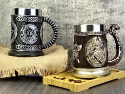 Norse Mythology Odin Thor Mug Tankard 304 Stainless Steel Resin 3D Retro Beer Stein Birthday God of War Lover Gift 600ml 20 oz