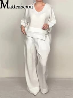 Lady Fashion Casual Loose Solid Suit Cotton Linen Set Three Quarter Sleeve Tops Wide Leg Pants Women Irregular 2 Piece Sets 2025