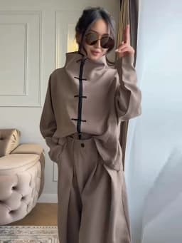 Solid Single Breasted Jacket Suit Loose Full Sleeve Lapel Jackets Wide Leg 2026 Spring New Chic Casual Women Loose All-match Set