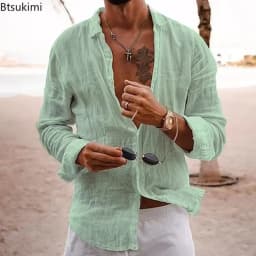2026 Men's Cotton Linen Shirts Top Simple Laple Solid Man Shirts Tops Comfortable Loose Casual Holiday Shirts for Men Blouses