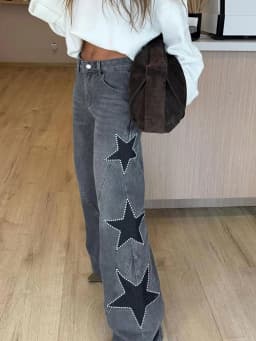 Classic Studded Denim Jeans Pant Women's Star Patchwork Baggy Pants Wide Leg Trendy Streetwear Casual Daily Female Trousers