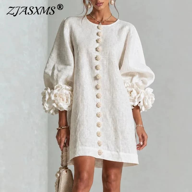 Vintage Solid Dress Ladies Puff Sleeve 3D Floral Decoration Buttons Decor Loose Straight Dress Holiday Party Daily Short Dresses
