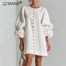 Vintage Solid Dress Ladies Puff Sleeve 3D Floral Decoration Buttons Decor Loose Straight Dress Holiday Party Daily Short Dresses