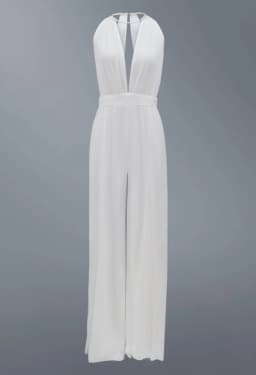 Sexy Deep V-neck Jumpsuits Women Sleeveless Halter Neck Backless Lace Hollow Out Wide Legs Slit Flared Jumpsuit Elegant Fashions