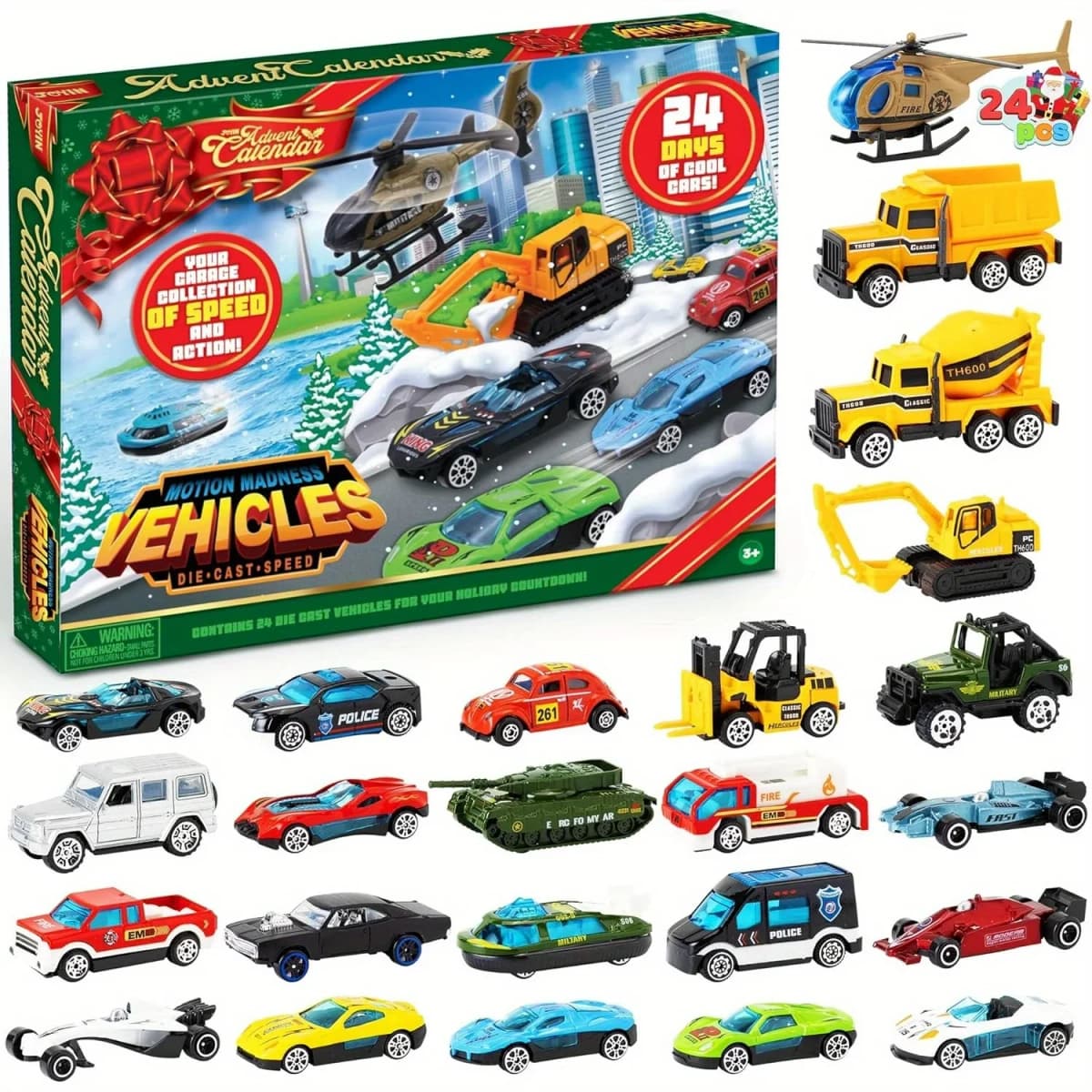 2026 Christmas Vehicles Toys Advent Calendar 24 Days Countdown Calendar Diecast Cars Set Christmas Vehicles Toys for Boys Kids, Classroom Prizes Xmas Gift, Xmas Party Favor Gifts, Advent Calendar Kids