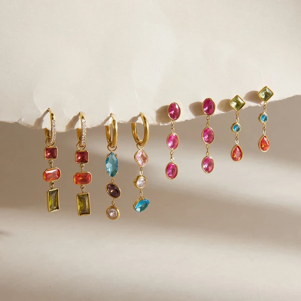 Uworld Elegant Multicolor Geometric Zircon Drop Earrings For Women 18K Gold Plated Stainless Steel Earrings Fashion Jewelry Gift